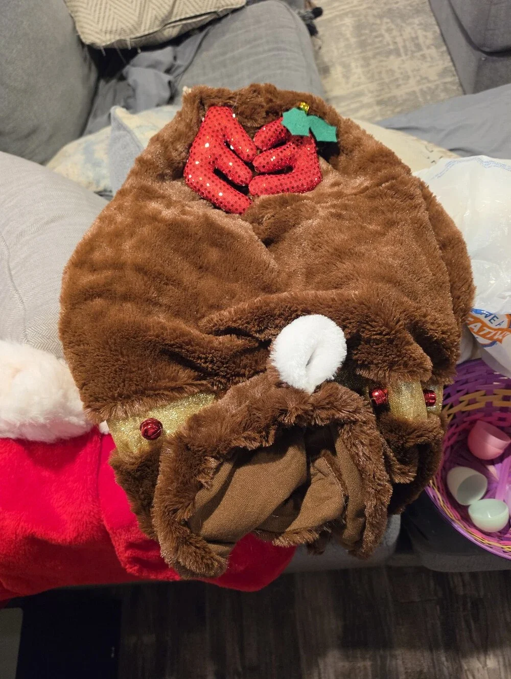 Dog  Brown Plush Holiday Costume Hat with Sequin Holly